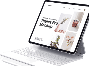 Tablett på stativ med modern hemsida på skärmen.