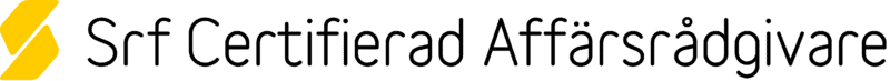 Logotyp för Srf Certifierad Affärsrådgivare med gul ruta och text.